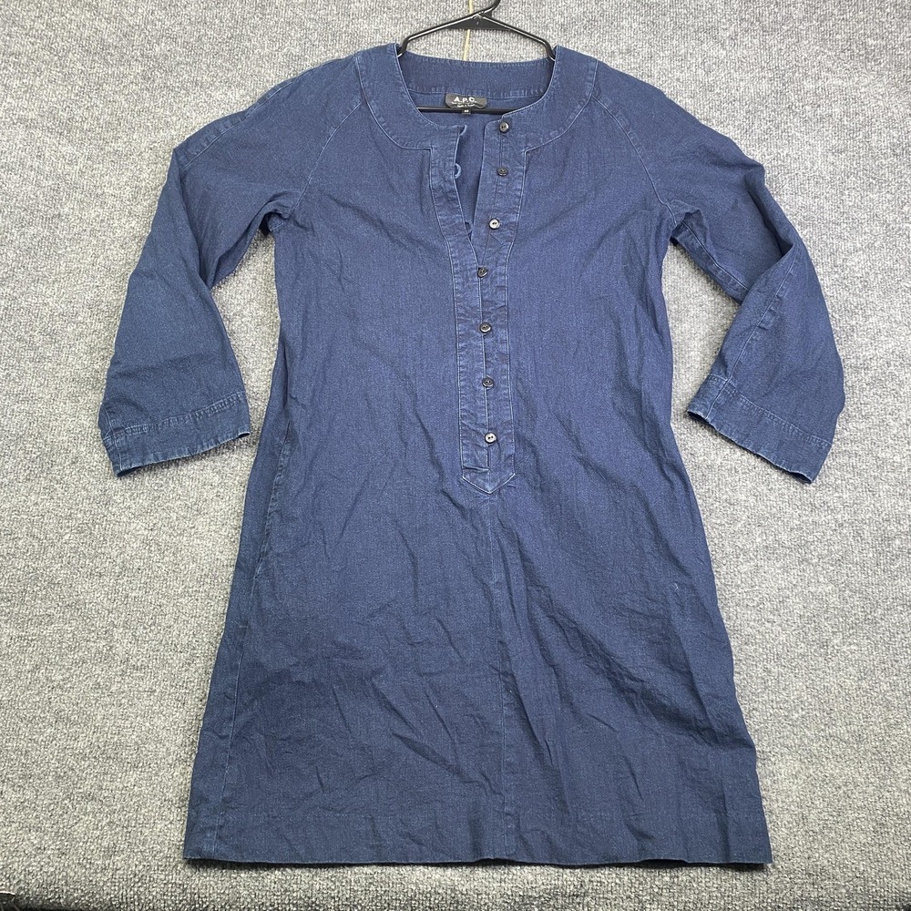 A.P.C. Dress Womens 38 Blue Denim 3/4 Sleeve Tunic Shirt Short Casual Shift